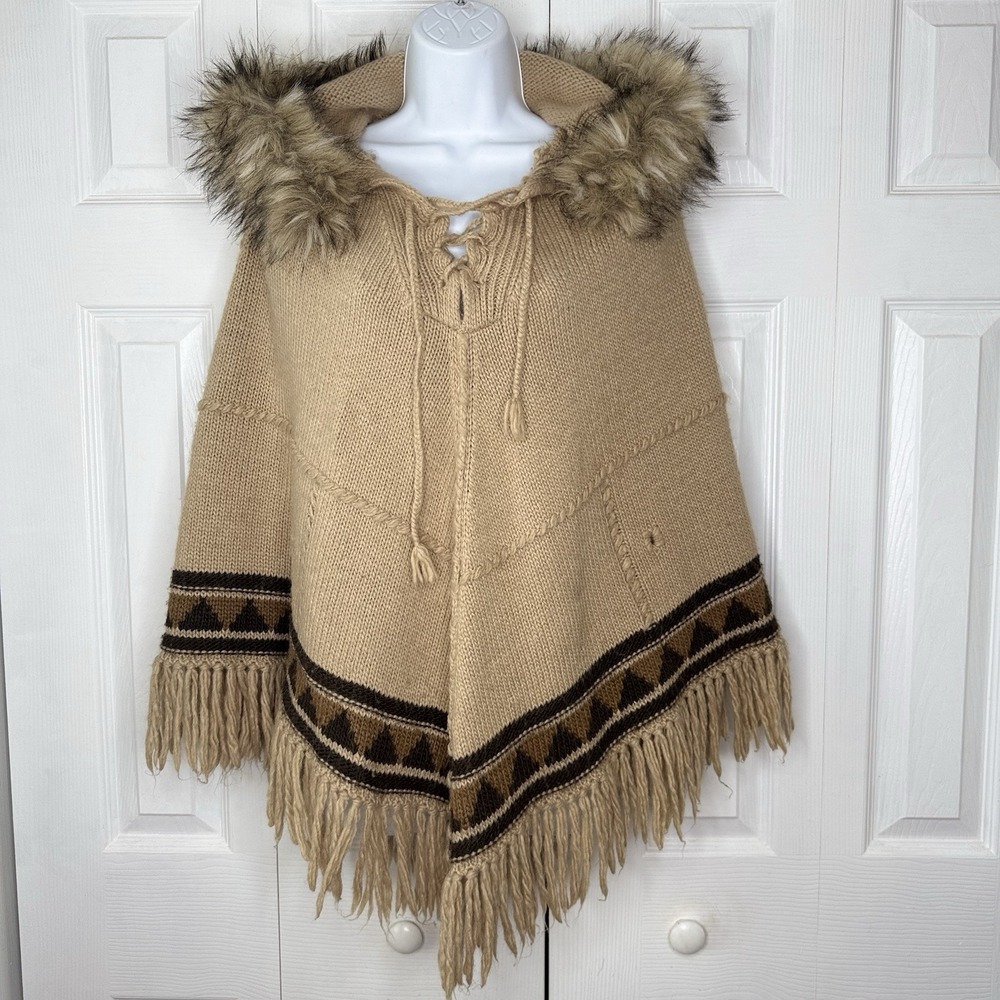Lauren RL Alpaca Wool Hooded Faux Fur Poncho Aztec Boho S/M